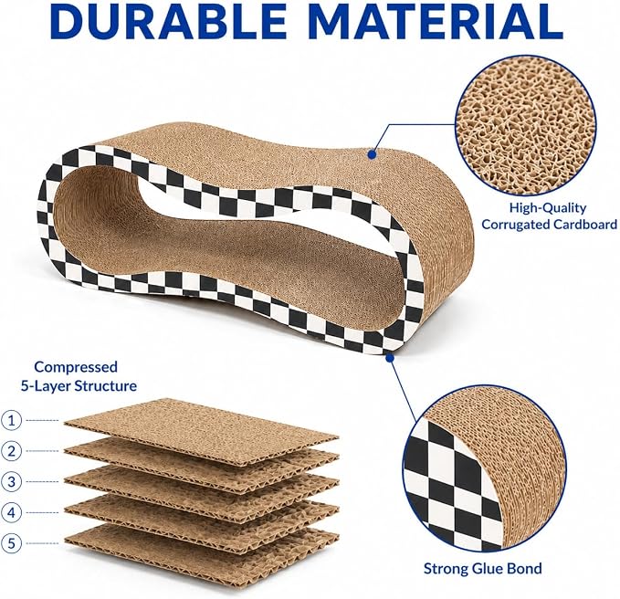 2 in 1 Large Cardboard Cat Scratcher Lounger, Cat Scratching Board for Indoor Cats, 100% Recyclable & Reversible Horizontal Scratching Pads Prevents Furniture Damage, Checkerboard - Image 6