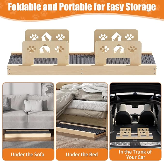 Dog Ramp for Bed 4 Adjustable from 13.8"-22.8" Portable Dog Steps Folding Ramp for Dogs to Get On Bed Wooden Paw Ramps with Anti-Slip Grip & Safety Rails Dog Stairs for High Beds Car Couch