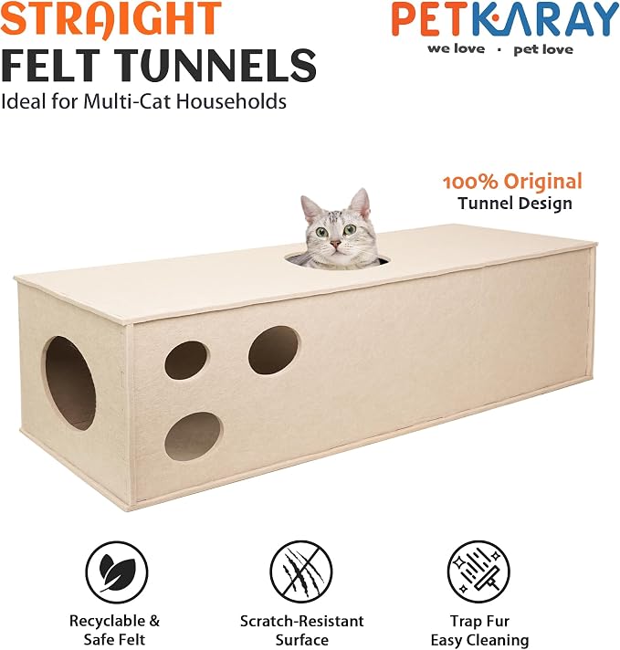 PETKARAY Cat Tunnel, Original Cat Hideaway Cave for Indoor Cats, Large Kitten Play Tubes and Tunnels, Soft Felt Cat Toy with Interactive Peek Hole, Beige Straight - Image 2