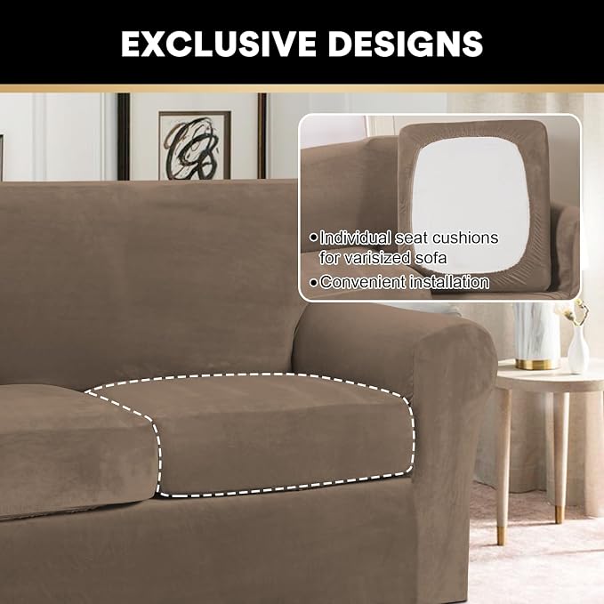 PrinceDeco Couch Cover Velvet Plush Sofa Covers for 2 Cushion Couch Width Up to 90 Inch Washable Furniture Protector Pet Friendly No Slip Sofa Slipcover(Medium-Large, Mocha) - Image 3