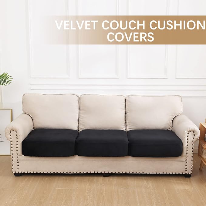 hyha Velvet Couch Cushion Covers, Sofa Covers for 3 Cushion Couch Washable | Soft Plush Sofa Slipcover, Elastic Bottom, Non-Slip Wear Resistant Furniture Protector, Ideal For Pets & Kids, 3 Pcs - Image 5