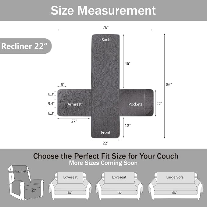 Quilted Recliner Chair Covers,Water-Repellent Recliner Slipcovers, Lazy Boy Recliner Cover Snug Fit, Pet Friendly Recliner Cover for Dogs Cats, Washable Couch Protector (Recliner 22", Gray) - Image 6