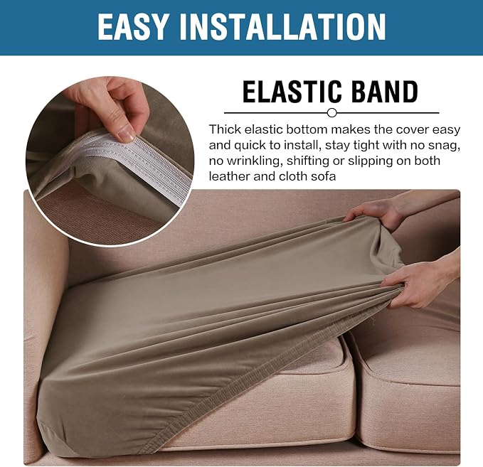 H.VERSAILTEX Velvet Stretch Couch Cushion Cover Plush Cushion Slipcover for Chair Loveseat Sofa Cushion Furniture Protector Seat Cushion Sofa Cover (2 Piece Large Sofa Cushion Covers, Mocha) - Image 4