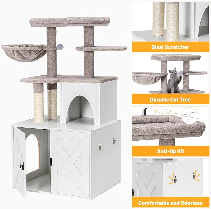 Snughome Cat Litter Box Enclosure with Cat Tree Tower and Condo, Hidden Washroom Furniture with Sisal Scratching Post and Soft Plush Perch, Wooden Cat Furniture with Multiple Platforms, White - Image 6