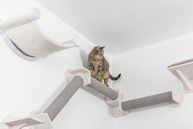 Trixie Cat Wall Furniture Set 6-7pc Cat Climbing Wall Set - Sisal Rope Scratching Posts, Elevated Bed, Corner Shelf, Steps - Gray/White - Image 2