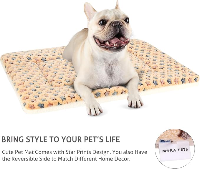 Mora Pets Dog Bed Crate Pad Ultra Soft Pet Bed with Cute Star Print Washable Crate Mat for Large Medium Small Dogs Reversible Fleece Dog Crate Kennel Mat Cat Bed Liner 29 x 21 inch Brown - Image 4