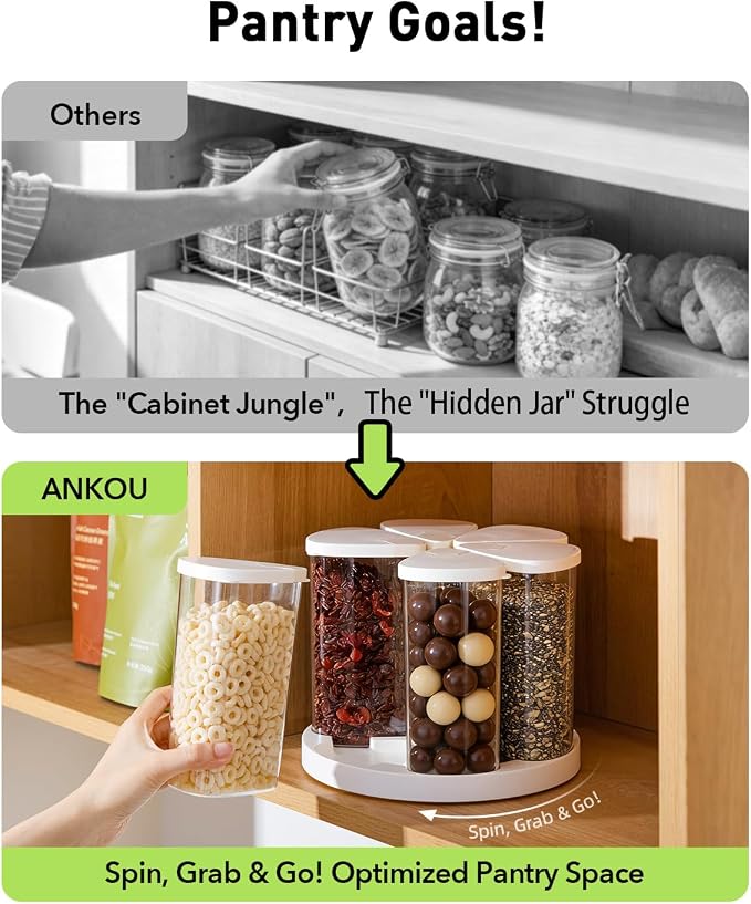 Ankou Rotating Food Storage Containers Set of 6, 23oz (690ml) Clear PET Jars with Dual Pour Lids, 360° Lazy Susan Pantry Organizer for Snacks, Cereal, Nuts, Oats & Dry Foods, Kitchen Grain Dispenser - Image 2
