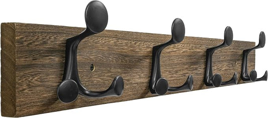 SKOLOO 24-Inch Wood Burnt Coat Rack Wall Mount with 4 Triple Hooks - Ideal for Family Entrances, Classrooms, and Pet Supplies Storage - Perfect Coat Hooks for Wall by SKOLOO