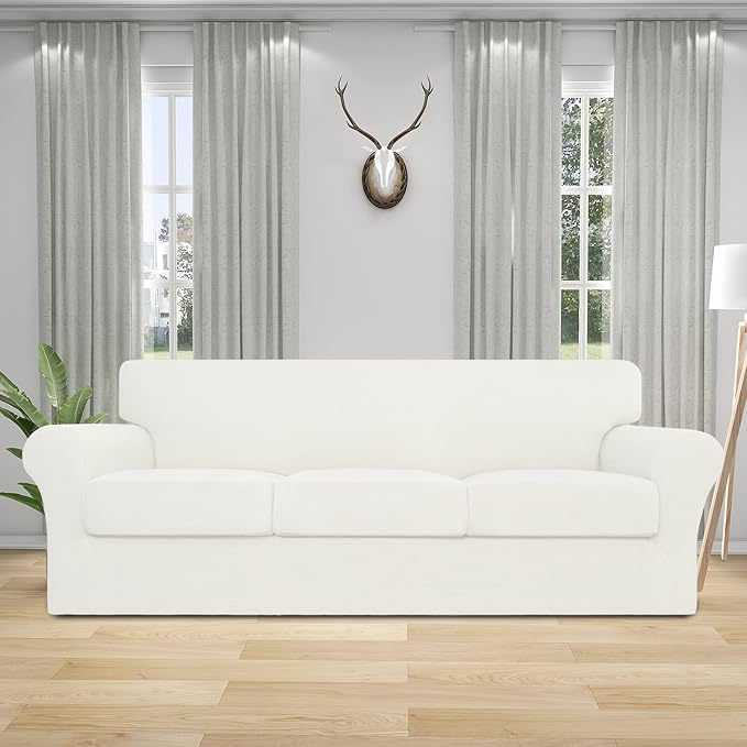 Easy-Going 4 Pieces Stretch Couch Cover Sofa Cover for Dogs Washable Sofa Slipcover for 3 Separate Cushion Couch Spandex Jacquard Fabric Elastic Furniture Protector for Pets, Kids (Ivory, Sofa) - Image 2