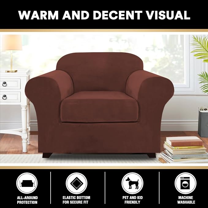 PrinceDeco Velvet Plush Couch Cover Stretch 2 Piece Chair Cover Chair Slipcover Washable Furniture Protector Couch Soft with Elastic Bottom Armchair Cover Width Up to 49 Inch(Small, Burnt Brick) - Image 6