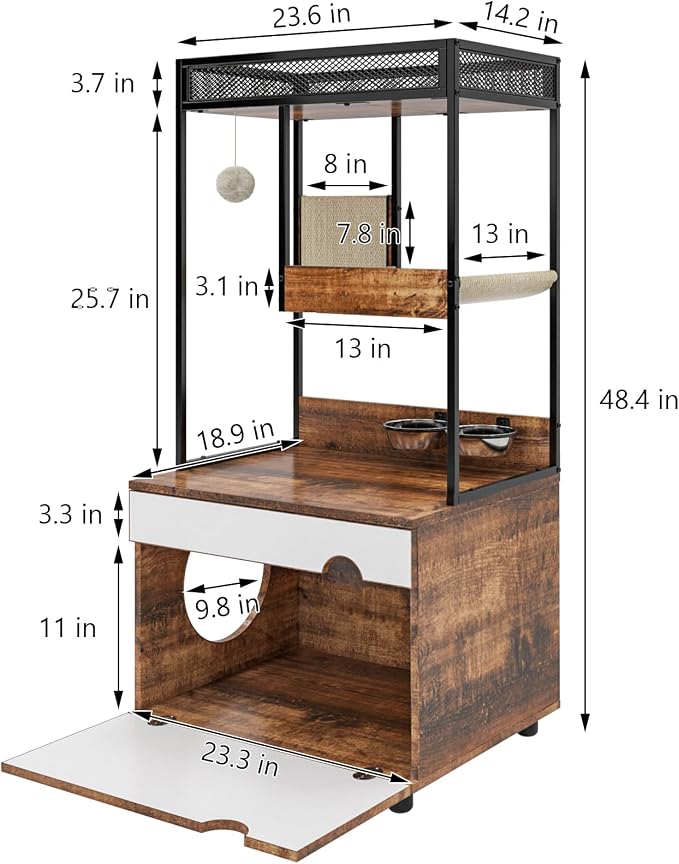 Cat Litter Box Furniture Enclosure with Shelve and Scratching Pad, Hidden Litter Box Furniture Pet Cabinet with Cat Feeding Station, 48.4 Inch Wooden Kitty Washroom Furniture, Cat Tree House,Cat Tower - Image 7