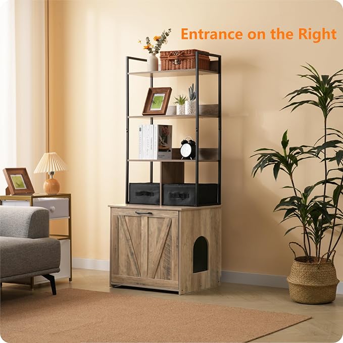 Dwanton Litter Box Enclosure with 3 Storage Shelves and 2 Drawers, 2-in-1 Hidden Cat Litter Box Enclosure Furniture with Shelf, Reversible Entrance, Washable Drawers, 61.8-Inch, Greige - Image 2