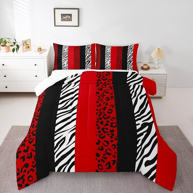 Leopard Print Comforter Set Queen,Zebra Skin Texture Bedding Set 3pcs for Kids Teens Girls Woman Room Decor, Striped Fashion Quilt Set Black White and Red Duvet Insert with 2 Pillowcases - Image 5