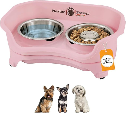 Neater Feeder Express Mess Proof Dog Bowls Elevated for Small Breed – Made in USA – No Spill Raised Slow Feeder Elevated Dog Bowl Stand, Stainless Steel Food and Water Bowl Set, Pink by NeaterPets