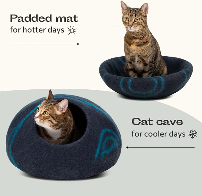 MEOWFIA Cat Cave – Premium Felt Cat Bed for Indoor Cats, Handmade 100% Merino Wool (Large, Black Aqua) - Image 4