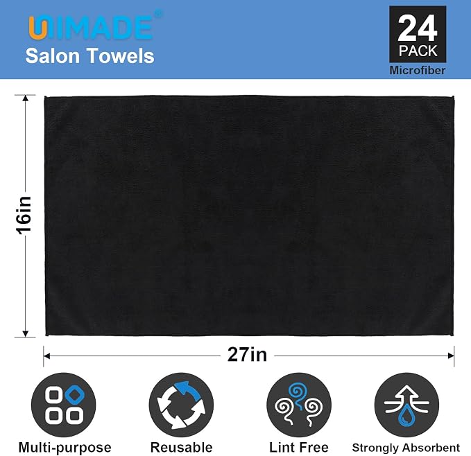 UNIMADE 24 Pack Salon Towels - Highly Absorbent and Quick Drying Hand Towels, Premium Wash Cloths for Bathroom, Gym, Shower, Hotel, and Spa - 16x27 inch (Black) | Quick Drying Premium Wash Cloths for Bathroom, Gym, Shower, Hotel, and Spa - 16x27 inch -... - Image 2