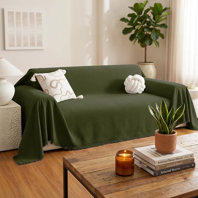 Chenille Couch Cover for Dogs, Boho Sofa Cover Washable Couch Cover, 3 Cushion Sofa Cover, Pet Throw Blankets for Couches with Tassel Furniture Protector Covers,71"×134",Grass Green - Image 2