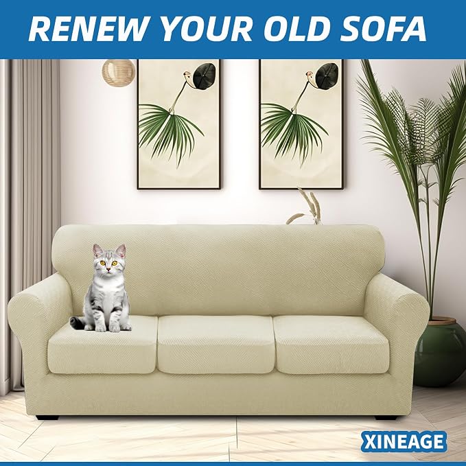 XINEAGE New 4 Pieces Extra Large Couch Covers for 3 Cushion Sofa Super Stretch Sofa Cover for 3 Large Seat Cushion Universal Slip Cover for Living Room (Light Beige), 91"-110"(3 Cushions) - Image 4