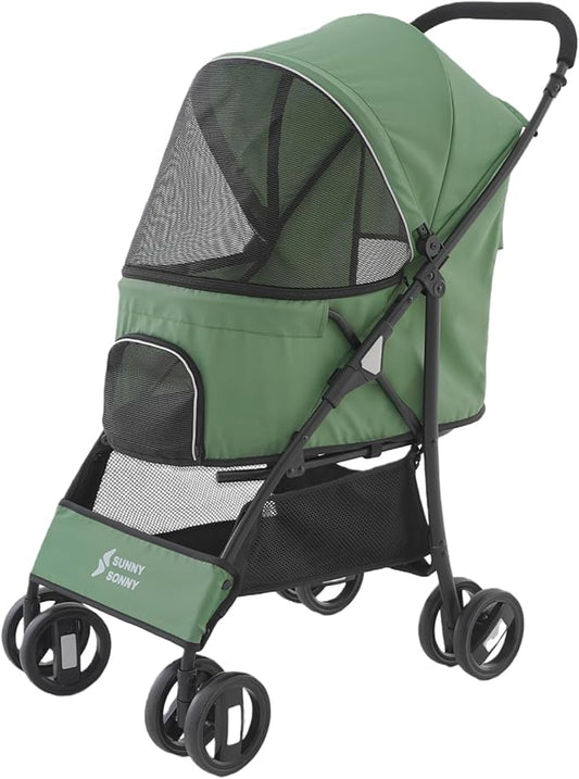 Sunny Sonny Foldable Jogger Pet Stroller with Weather Cover Storage Basket Pet Travel Carrier for S/M Dogs Cats up to 33lbs (Green)