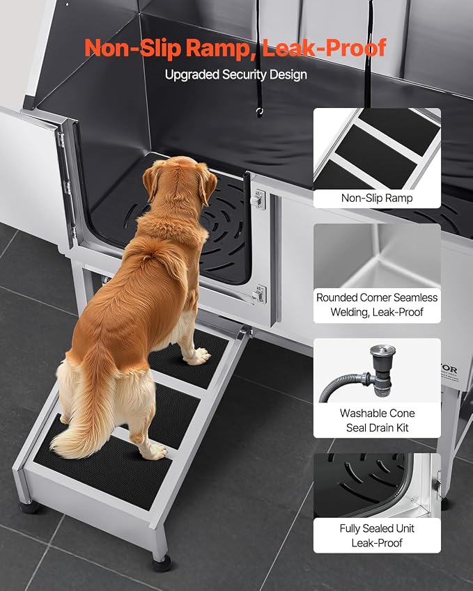 VEVOR Stainless Steel Dog Washing Station, 50 inch Pet Grooming Tub w/Ramp, PE Water Filter Board, Faucet & Showerhead & Soap Holder Dog Bathtub for Large & Medium & Small Pets (Left Door) - Image 3