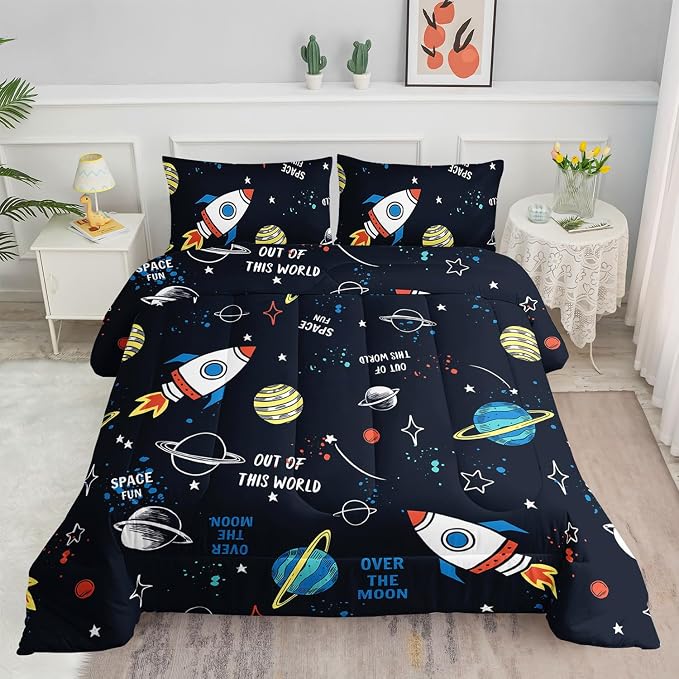 Space Rocket Comforter Set 3D Rocket Printed Bedding Set with 1 Comforter and 2 Pillowcases for Boys and Girls Bedroom All Season(Space-2 Full) by SmellSunshine