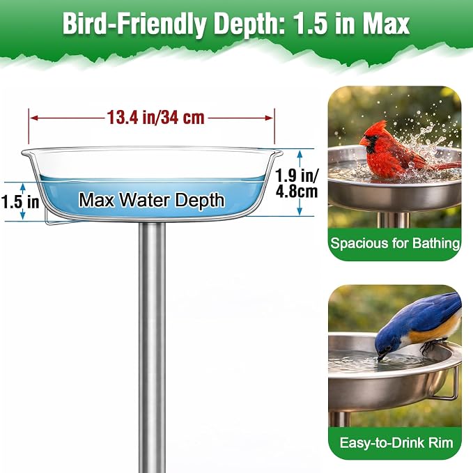 tinnmao 304 Stainless Steel Bird Bath for Outside, 40 Inch Tall Freestanding Metal Birdbath & Feeder with Removable Bowl for Garden Yard Patio Lawn - Image 2