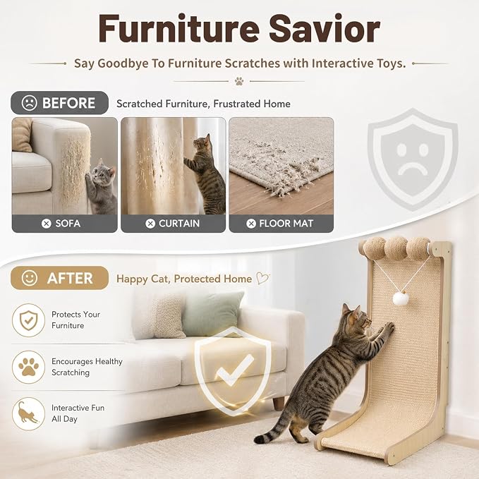 26.8 "Large Sisal Cat Scratcher with Sisal Ball and Bell Plush Toy | Wooden Cat Scratcher Pad, L-Shaped Scratching Post for Indoor Cats Adults, Vertical Cat Scratcher Board to Protect Furniture - Image 5
