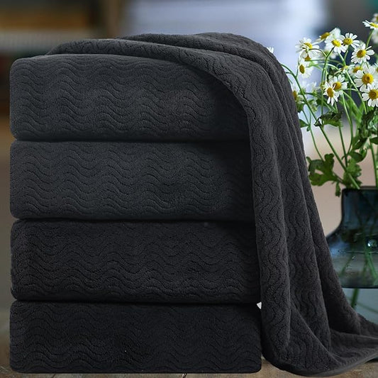 Smuge Ultra Soft Bath Towel Set of 4, Black Extra Large Textured Microfiber Luxury Towels 35x70 in, Quick Dry, Highly Absorbent, Fluffy, Oversized, for Bathroom Shower Pool Hotel Beach by Smuge