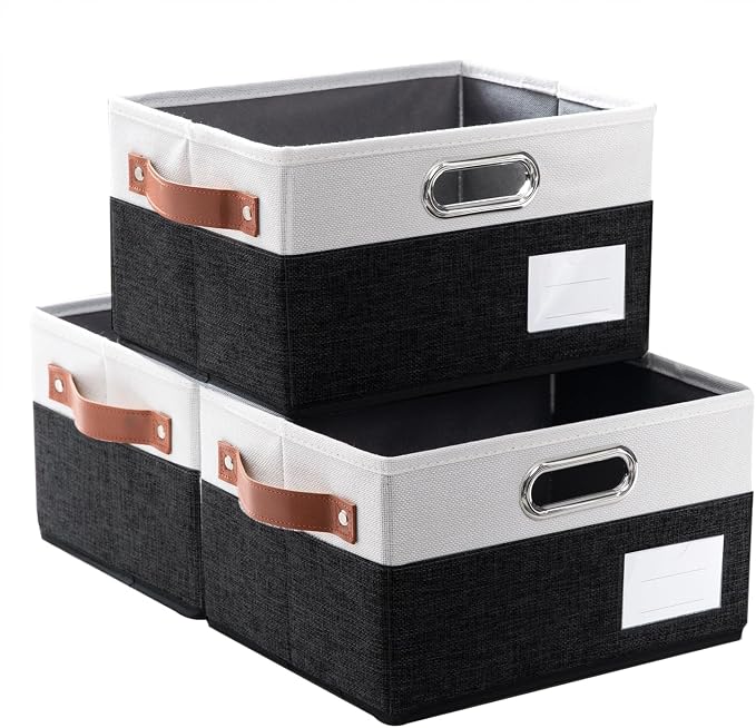 PRANDOM Foldable Storage Bins with Handles [3-Pack] Fabric Collapsible Storage Boxes Baskets Cubes Containers with Handles for Closet Living Room Bedroom (Black & White 11.5x8.5x6.7'') by Prandom