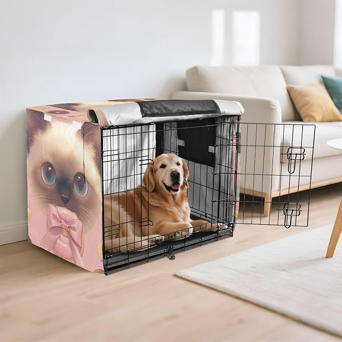 Dog Crate Cover Kennel Cover for Dog Cages Breathable for Wire Cage Indoor Outdoor Siamese Doughnut Bones Gray Pink - Image 6