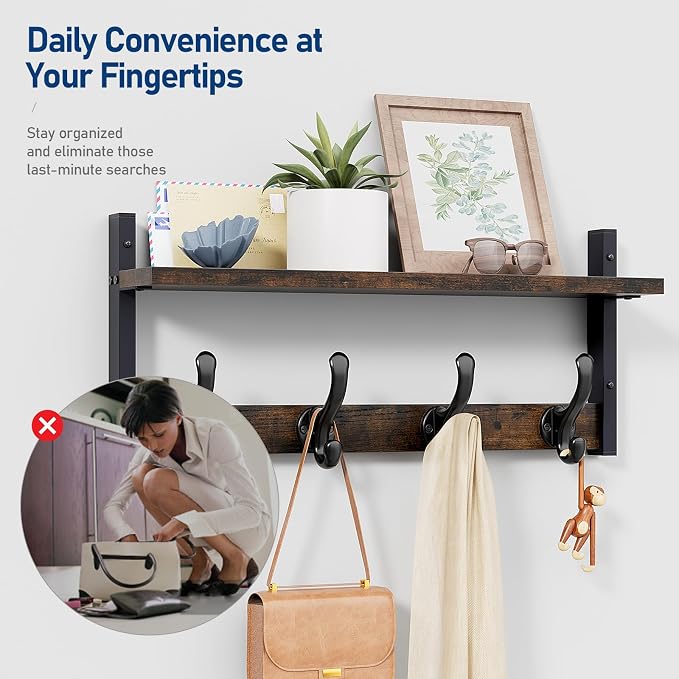 Tatub 20" Rustic Coat Rack Wall Mount with Shelf, Wall Hooks with Shelf, Heavy Duty Entryway Organizer Hangers for Hanging, Hat, Bag, Jacket for Bathroom, Living Room, Bedroom, Rustic Brown - Image 6