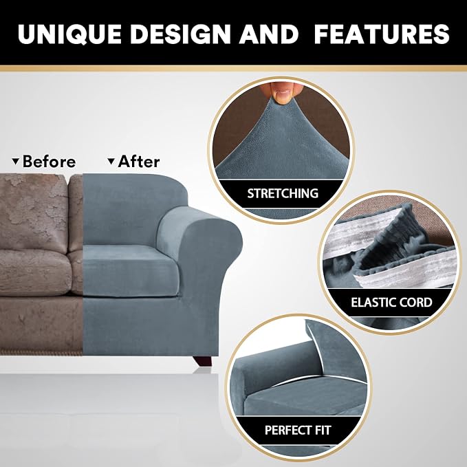 PrinceDeco Velvet XL Couch Cover for Oversized Sofa 4 Piece Sofa Covers for 3 Cushion Couch Washable Furniture Protector with Non Slip Elastic Bottom Width Up to 97 Inch(X-Large, Stone Blue) - Image 3