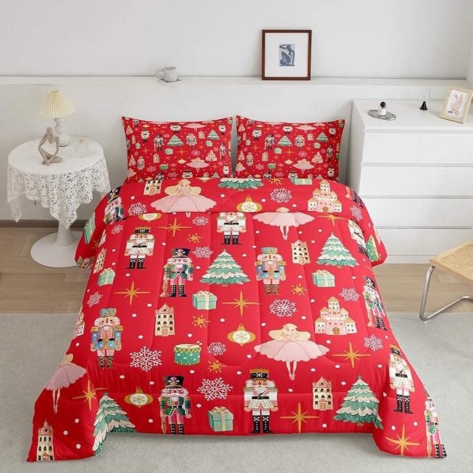 Erosebridal 7Pcs Red Christmas Comforter Set Queen Size,Christmas Nutcracker Bedding Set,Girly Dreamy Princess Bed in A Bag,Xmas Pine Tree Snowflake Quilt with Flat Fitted Sheet,Red - Image 2