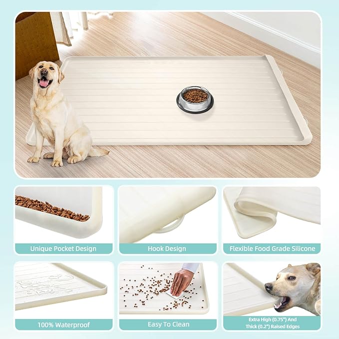 Dog mat for Food and Water - 39.4" x 27" Thickened Large Cat Food Mat | Waterproof Pet Bowl Mat with Residue Collection Pocket and High Edges to Prevent Water and Food Spills - Cream - Image 5