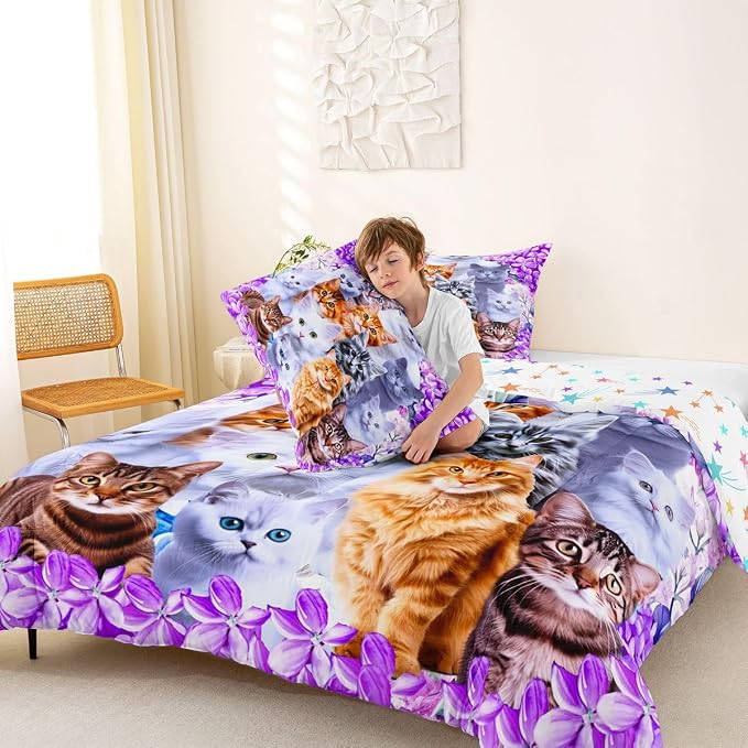 Feelyou Cartoon Cat Girls Comforter Set Pet Cats Kitten Bedding Set Kids Boys Cute Cat Floral Purple Bedding King Comforter Feline Animal Lovers Decor Warmth Soft Quilt with 2 Pillowcases 3Pcs Boys - Image 2
