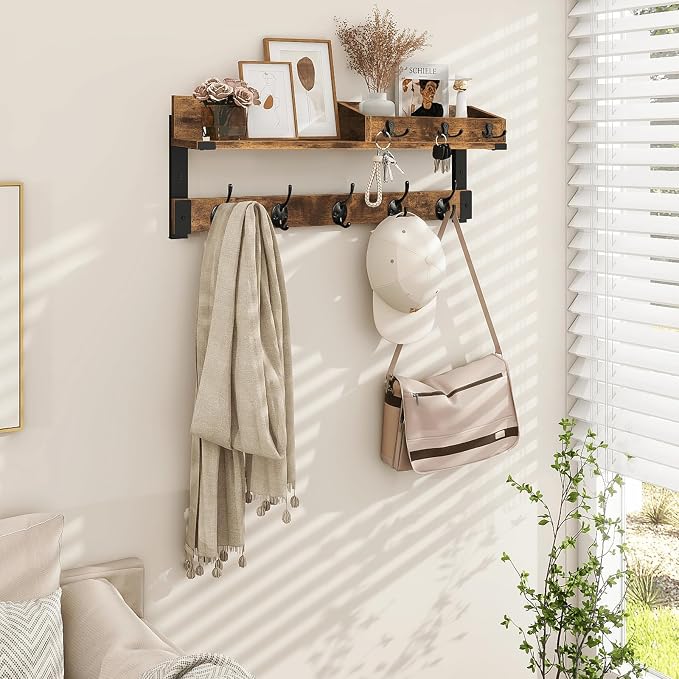 Homode Coat Rack with Shelf, Wall Shelf with Hooks, Rustic Brown Black | 26 Inch Long Coat Hanger Wall Mount with Key and Mail Holder, Wood Entryway Shelves for Hanging Hat Jacket Backpack Purse - Image 5