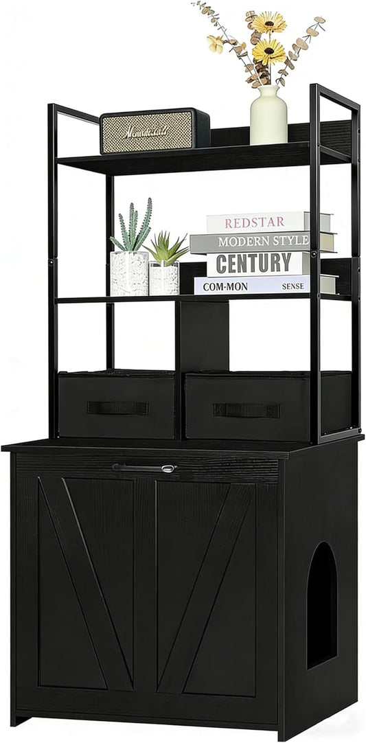 Dwanton Litter Box Enclosure with 2 Storage Shelves and 2 Drawers, 2-in-1 Hidden Cat Litter Box Enclosure Furniture with Shelf, Reversible Entrance, Washable Drawers, 50-Inch, Black by DWANTON