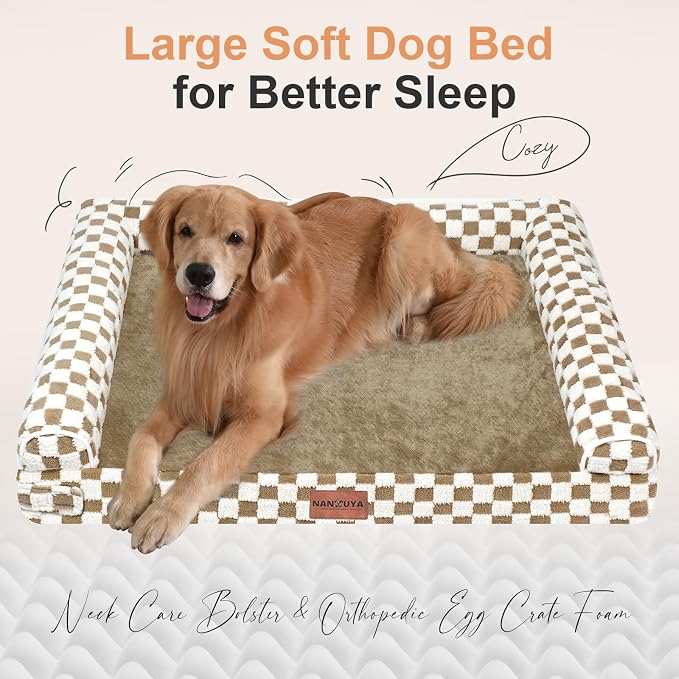 NANUYA Orthopedic Dog Bed for X-Large Dogs, 40 x 32 Inch, Brown Grid | Egg crate foam for joint support, 3-sided bolster pet sofa, waterproof lining, washable cover, and non-skid base - Image 2