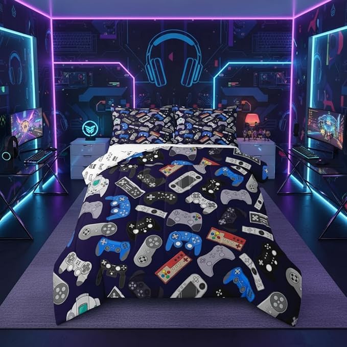 Erosebridal Boy Game Comforter Set Full Size Modern Gamer Down Comforter for Kids Girls Teens Children, Video Game Bedding Set,Player Gaming Gamepad Soft Lightweight Duvet Set Room Decor by Erosebridal