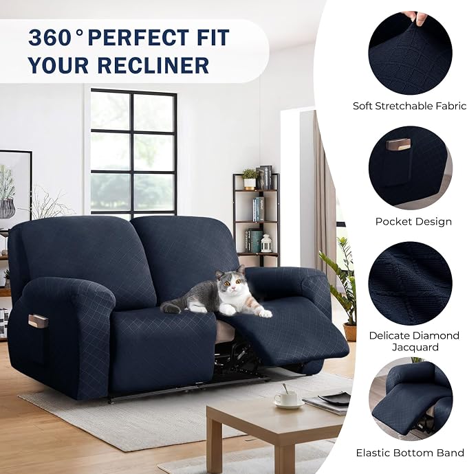vctops Diamond Recliner Loveseat Slipcover 6-Pieces Stretch Dual Recliner Sofa Covers for 2 Seat Dual Reclining Loveseat Couch Soft Solid Furniture Protector (Navy,2 Seat) - Image 4
