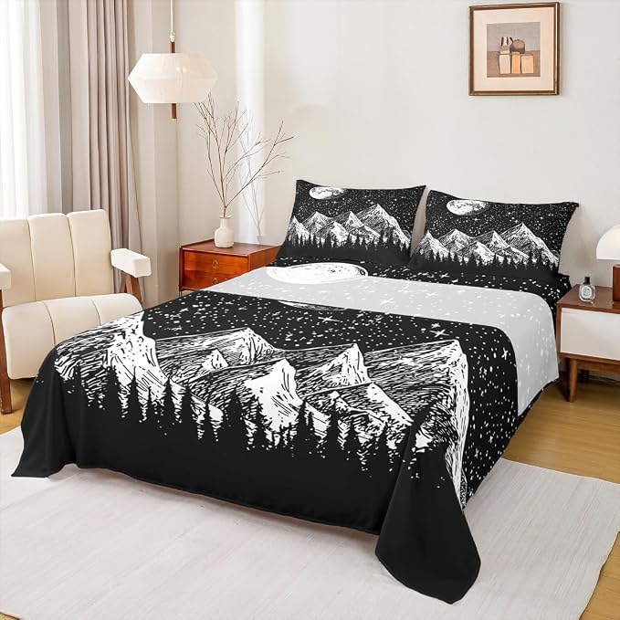 Sun Moon Bed Sheets Full Size 4Pcs Abstract Sun Stars Sheet Set for Kids Boys Mystic Chic Boho Flat Sheet Teens Adult, Mountain Tree Sketch Bedroom Decor Fitted Sheet with 2 Pillowcases,Black White by Erosebridal
