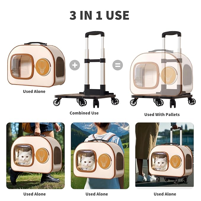 Dog Backpack Carrier with Wheels,Rolling Cat Carrier Backpacks Under 13.2lbs,Breathable,Foldable Pet Backpack for Small Dogs and Medium Cats with Detachable Trolley,Airline Approved