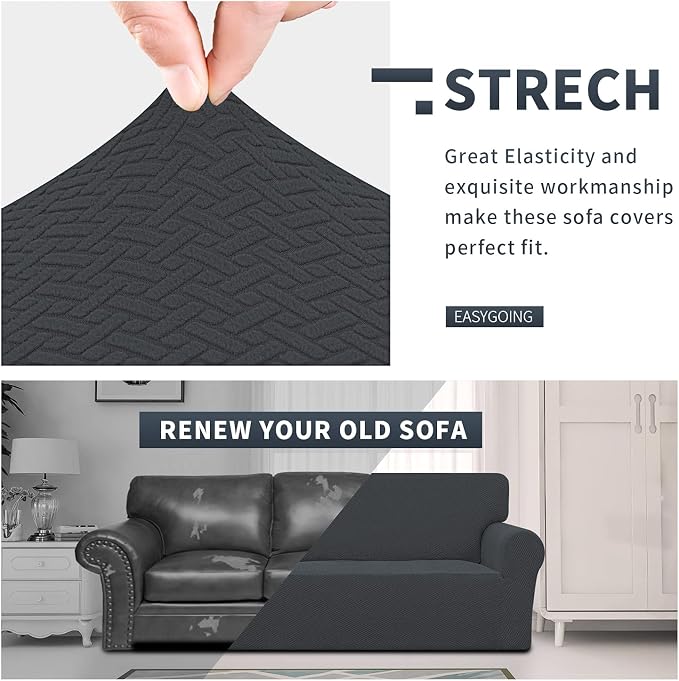 Easy-Going Stretch Jacquard Loveseat Couch Cover, 1-Piece Soft Sofa Cover, Sofa Slipcover with Anti-Slip Foams, Washable Furniture Protector for Kids, Pets (Loveseat, Dark Gray) - Image 3