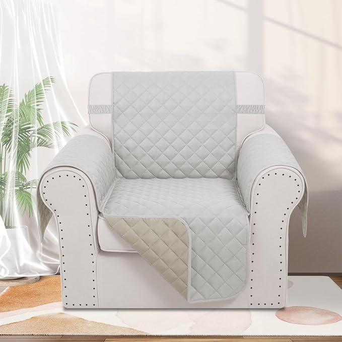 Reversible Recliner Chair Covers, 23" Chair, Light Grey/Beige | Chair Covers for Living Room with Elastic Straps, Water Repellent, Chair Protectors Covers for Dogs - Image 2
