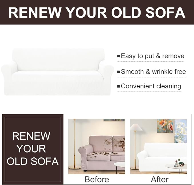 U-NICE HOME Loveseat Cover Stretch Couch Cover Sofa Slipcover, Ivory White | 2 Cushion Sofa, 1-Piece Sofa cover, Washable, Pet friendly, Furniture protector, Polyester Spandex Jacquard fabric - Image 5