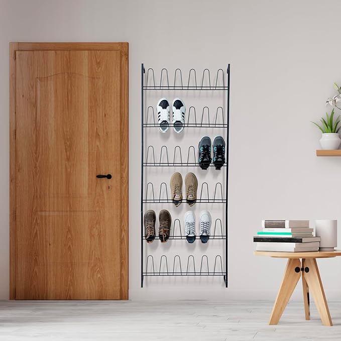 MyGift 70 Inch Black Metal Wall Mounted Shoe Rack with 36 Hooks | Holds 18 Pairs, Efficient Vertical Design, 36 Hanging Points, Slim Profile, Small Space Solution, Easy Access Setup - Image 4