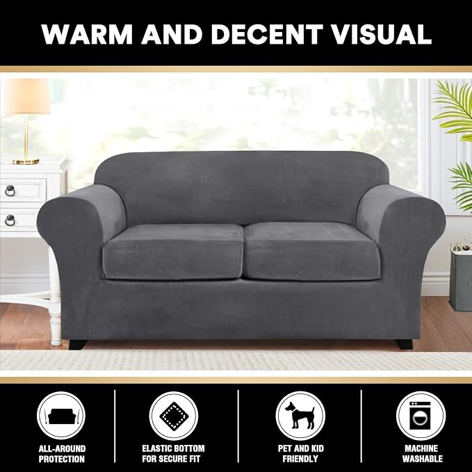 PrinceDeco Velvet Couch Cover Loveseat Covers for 2 Cushion Couch 3 Piece Sofa Covers for Dogs Washable Loveseat Covers Width Up to 72 Inch No Slip Stretch Sofa Slipcover(Medium, Grey) - Image 6