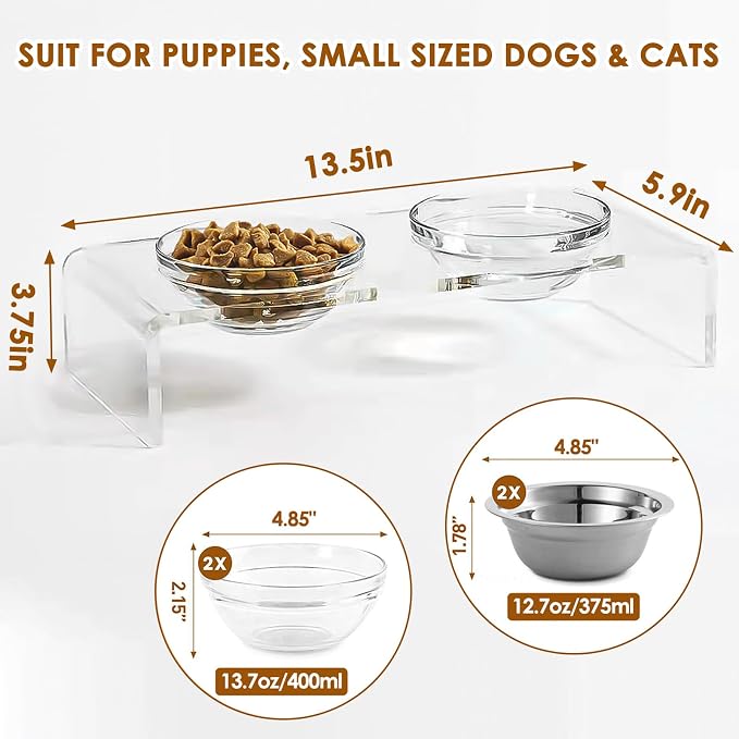 Feoyoho Elevated Acrylic Pet Bowl Stand – Raised Cat & Dog Bowls with 2 Glass & 2 Stainless Steel Bowls, Modern Clear Design, Non-Slip, Easy to Clean, Perfect for Small Pets, 3.75" Tall - Image 3