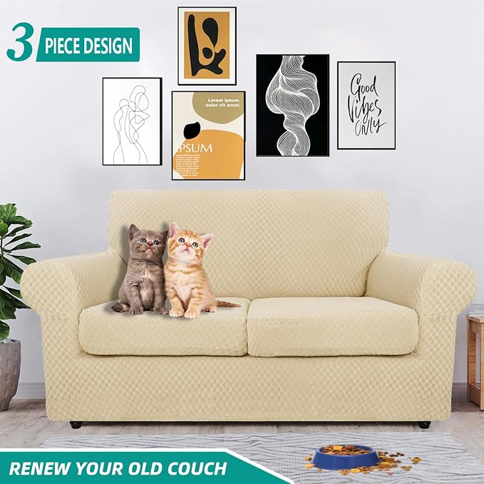 YEMYHOM Latest Checkered 3 Pieces Couch Covers for 2 Cushion Couch High Stretch Thickened Love Seat Sofa Cover for Dogs Pets Anti Slip Elastic Loveseat Slipcover Protector (Beige), 55"-69"(2 CUSHIONS) - Image 2