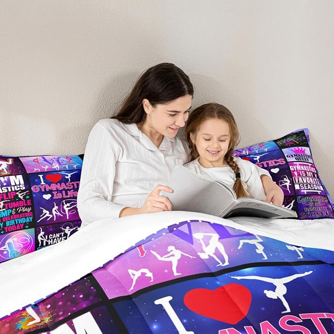 Vivid Gymnastics Lovers Girls Comforter Set Queen Size,Dance Sports Bedding 3pcs for Kids Teens Woman Room Decor,Classic Geometric Plaid Quilt Set,Purple Romantic Duvet Insert,2 Pillowcases - Image 2